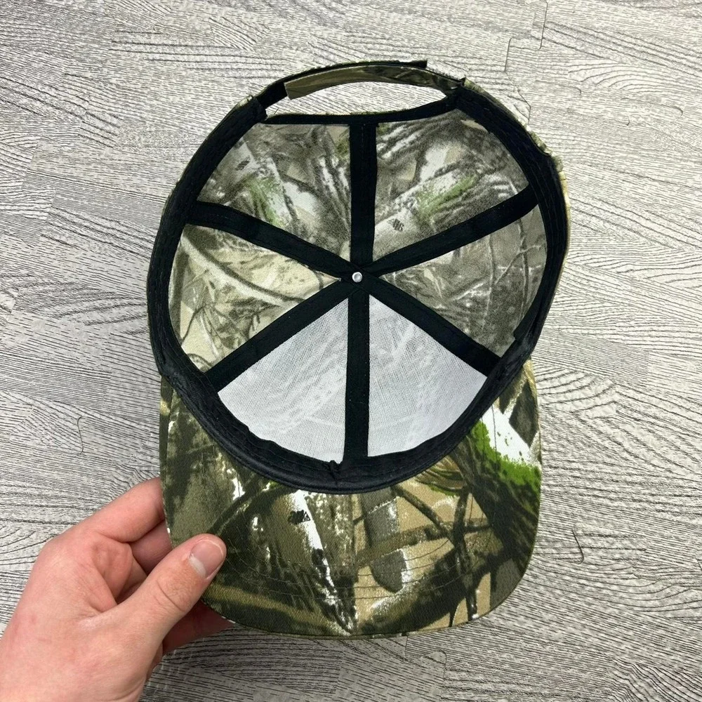 Vintage camo real tree hat cap strap back brown cyber grunge